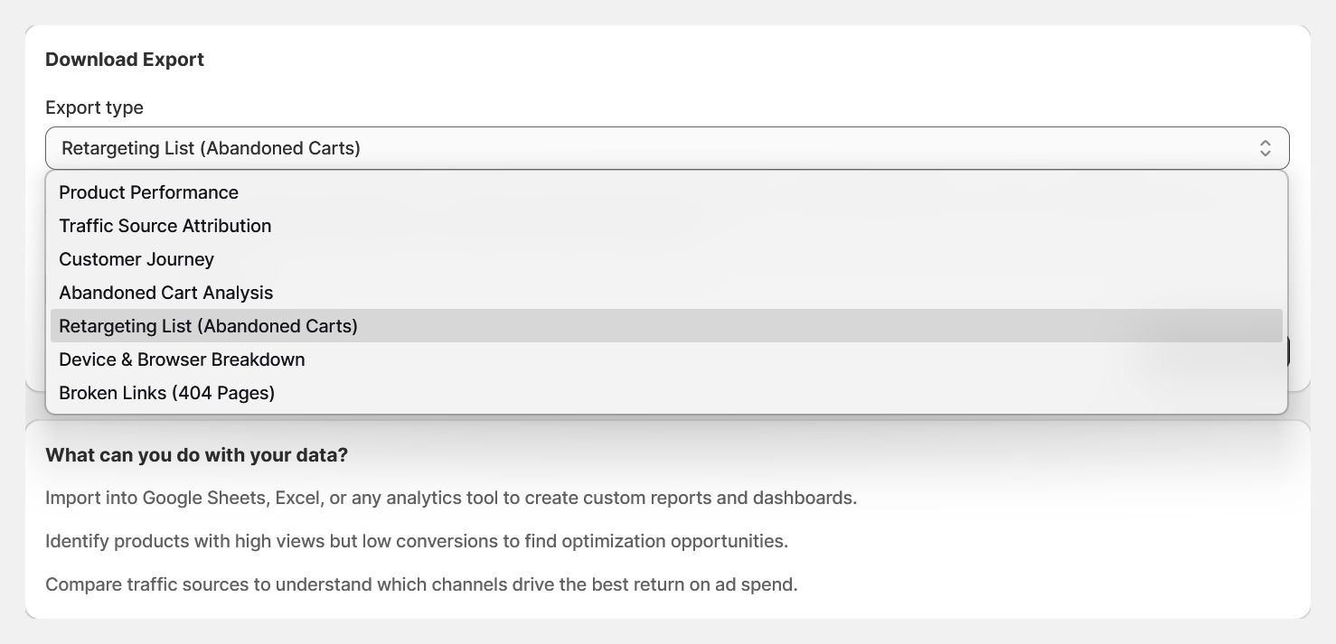 CartSpy Exports screen with the export type list open on Retargeting List (Abandoned Carts)