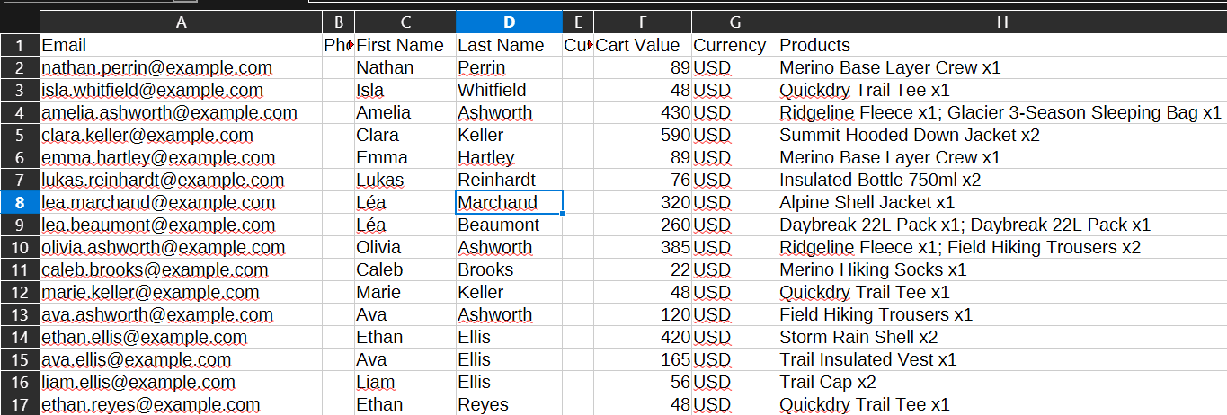 The exported retargeting list open in a spreadsheet: email, name, cart value, currency and products for each abandoned cart